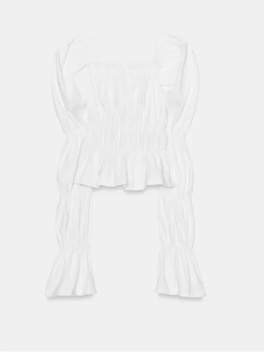Zara White Smocked Puff-Sleeve Blouse. POP